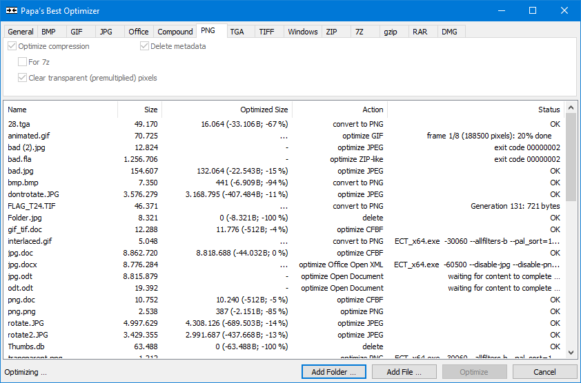 a screenshot of Papa’s Best Optimizer optimizing files of various kinds