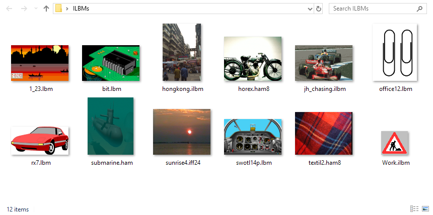 Papa’s Best ILBM Thumbnails displaying a folder with random Amiga bitmaps from the Internet Archive